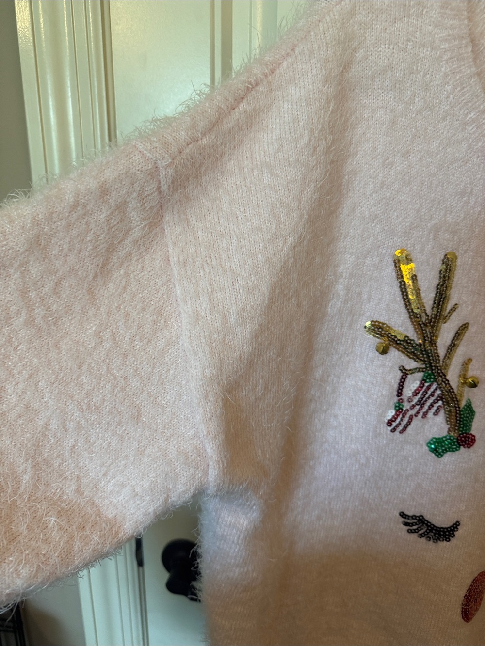 Holiday Time Pink Fuzzy Reindeer Crewneck Sweater - Picture 7 of 9